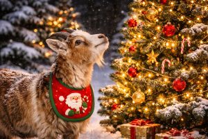 Goat in a festive bib looking at a Christmas tree